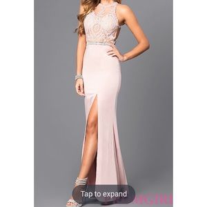 Lace illusion bodice long prom dress, high neck